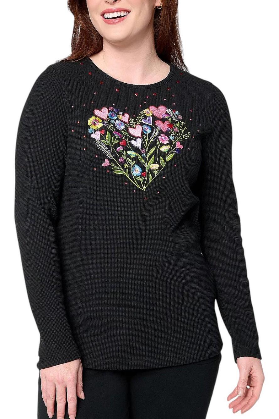 Quacker Factory Queen of Hearts Waffle Long Sleeve Top Black - Regular